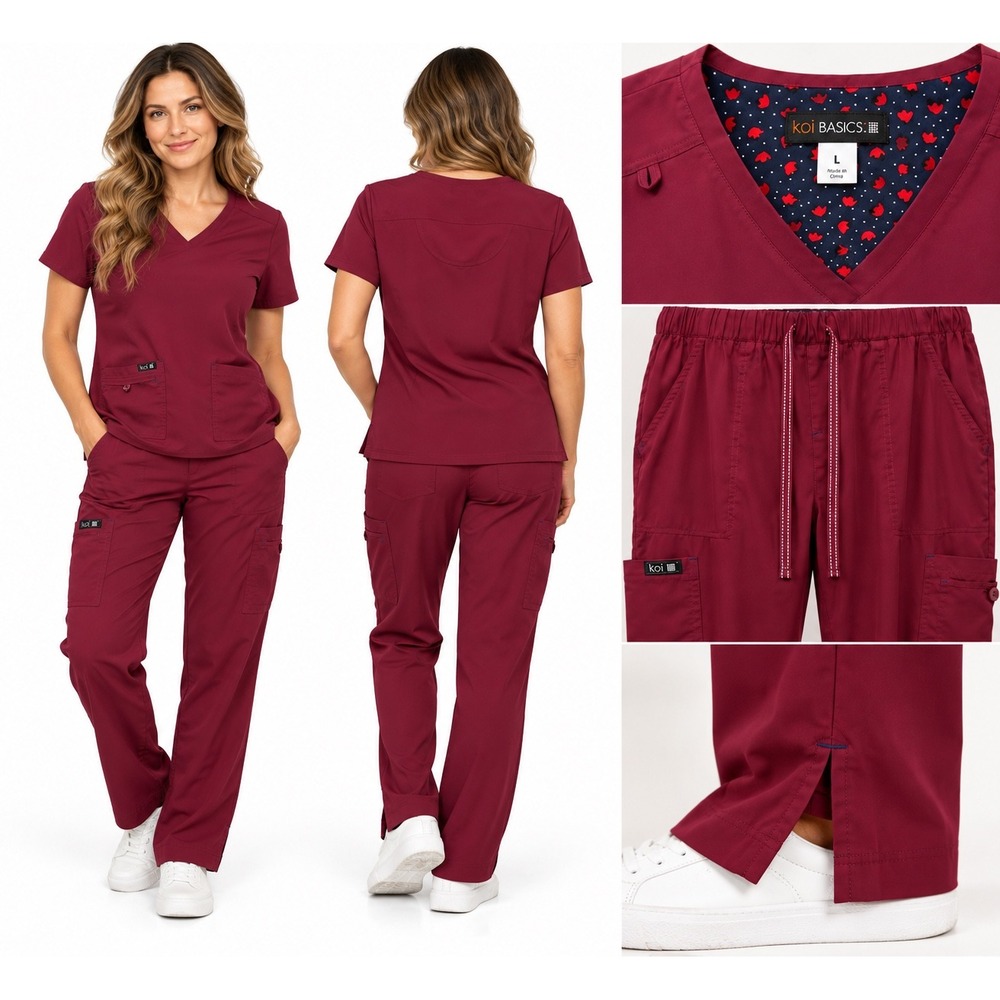 Koi Basics Womens Scrub Set Wine Burgundy V-Neck Top Cargo Pants Size L Regular